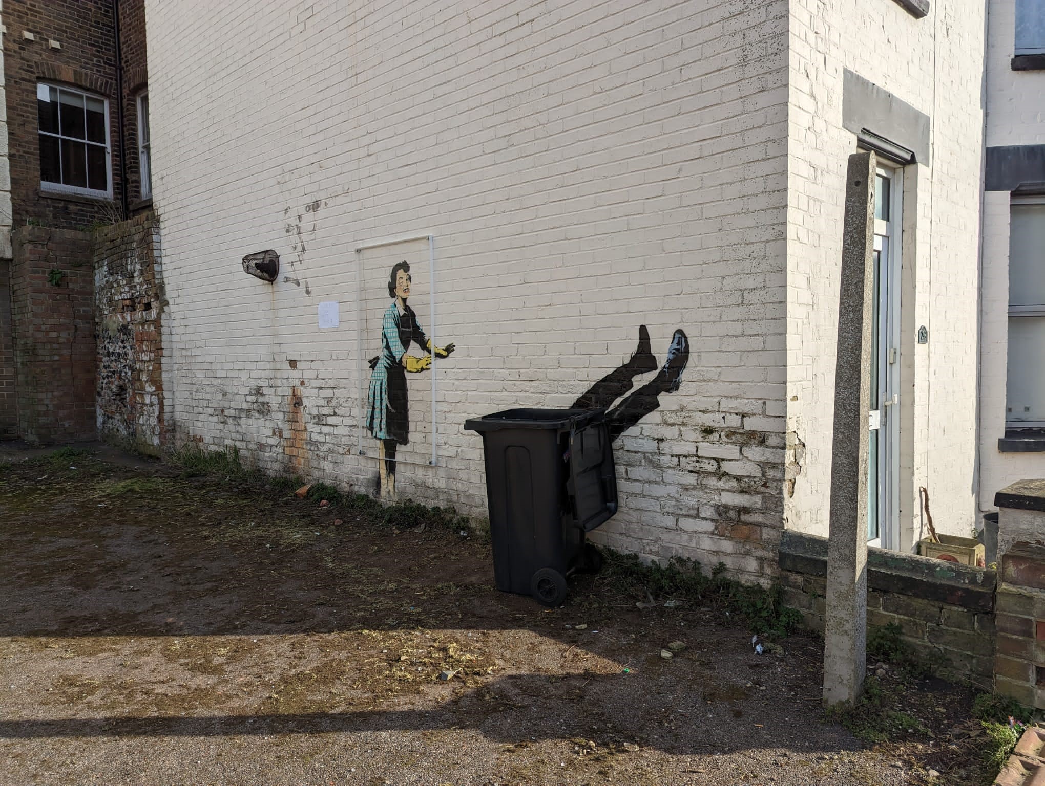 Excited to see a Banksy in Margate this week. Amidst the freezer removal controversy, we caught it when a wheelie bin had been put in its place.